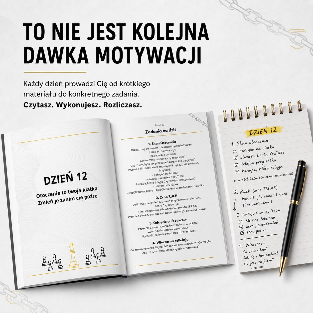 Przykładowe strony dwunastego dnia e-booka oraz notatnik z listą zadań