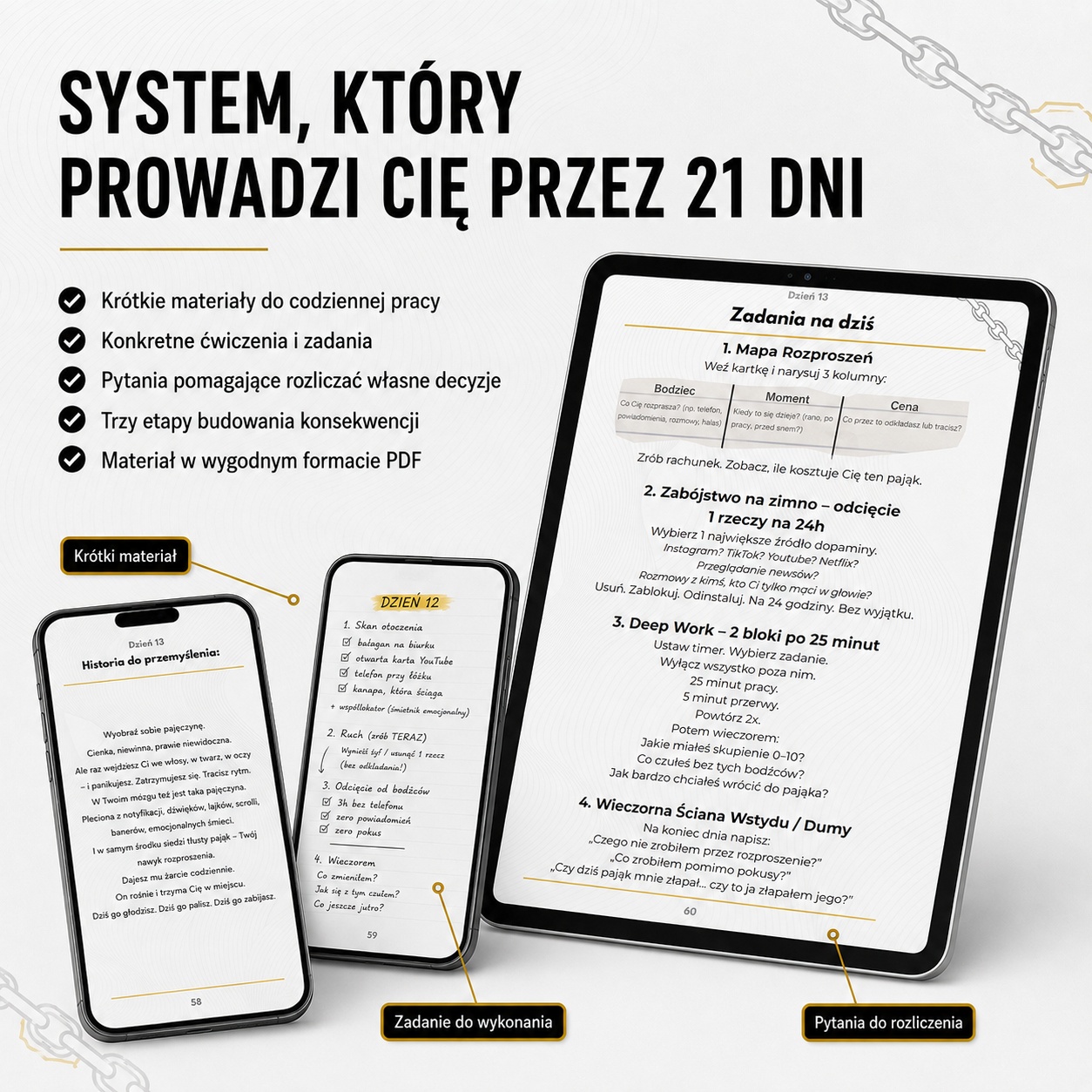 Przykładowe strony e-booka Rytuał Dyscypliny wyświetlone na telefonach i tablecie