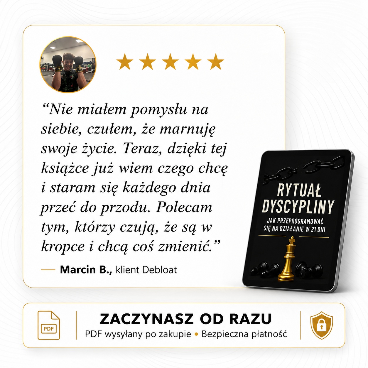 Opinia klienta o e-booku obok tabletu z okładką Rytuału Dyscypliny